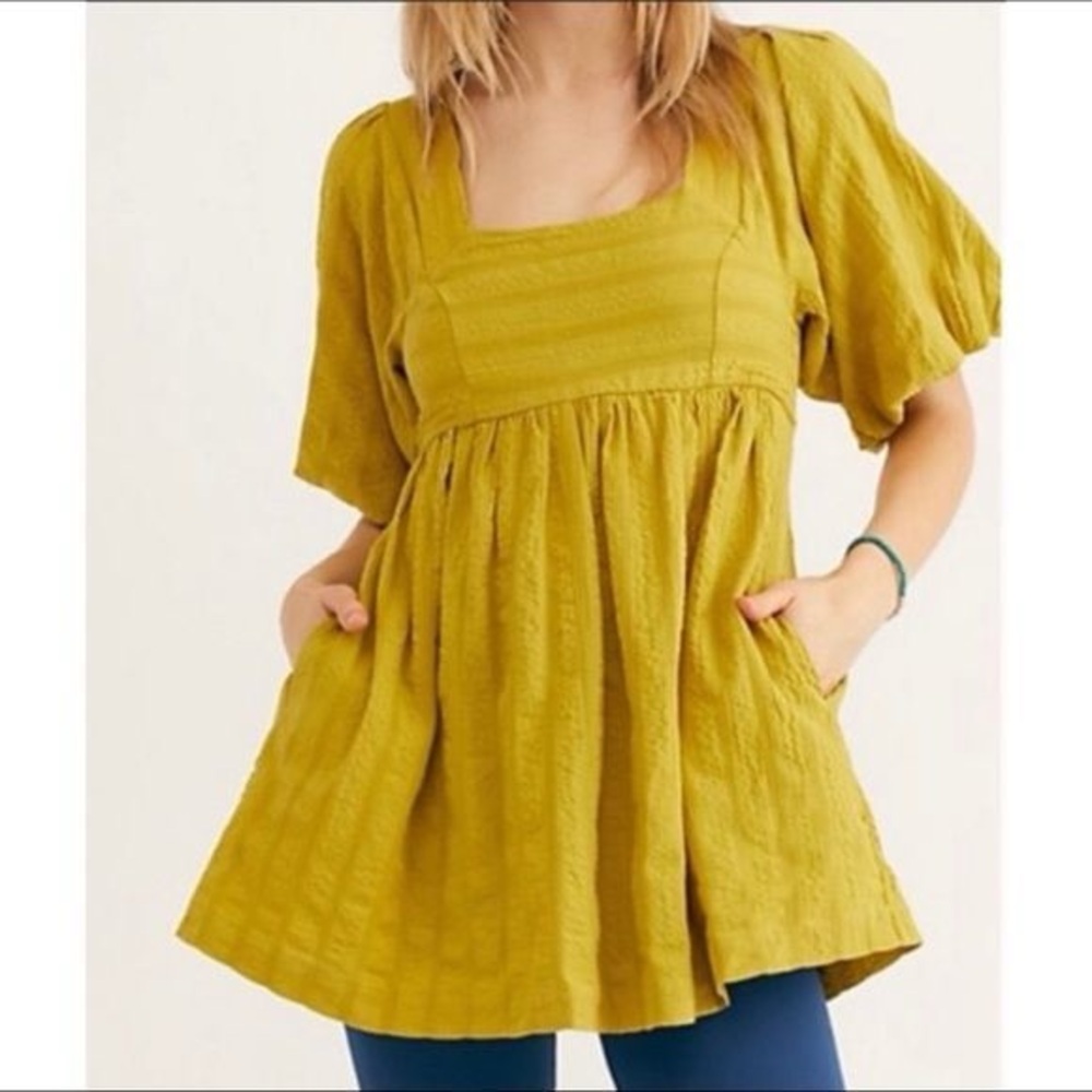 Free people Olive Green Gigi blouse square‎ neck puff sleeve